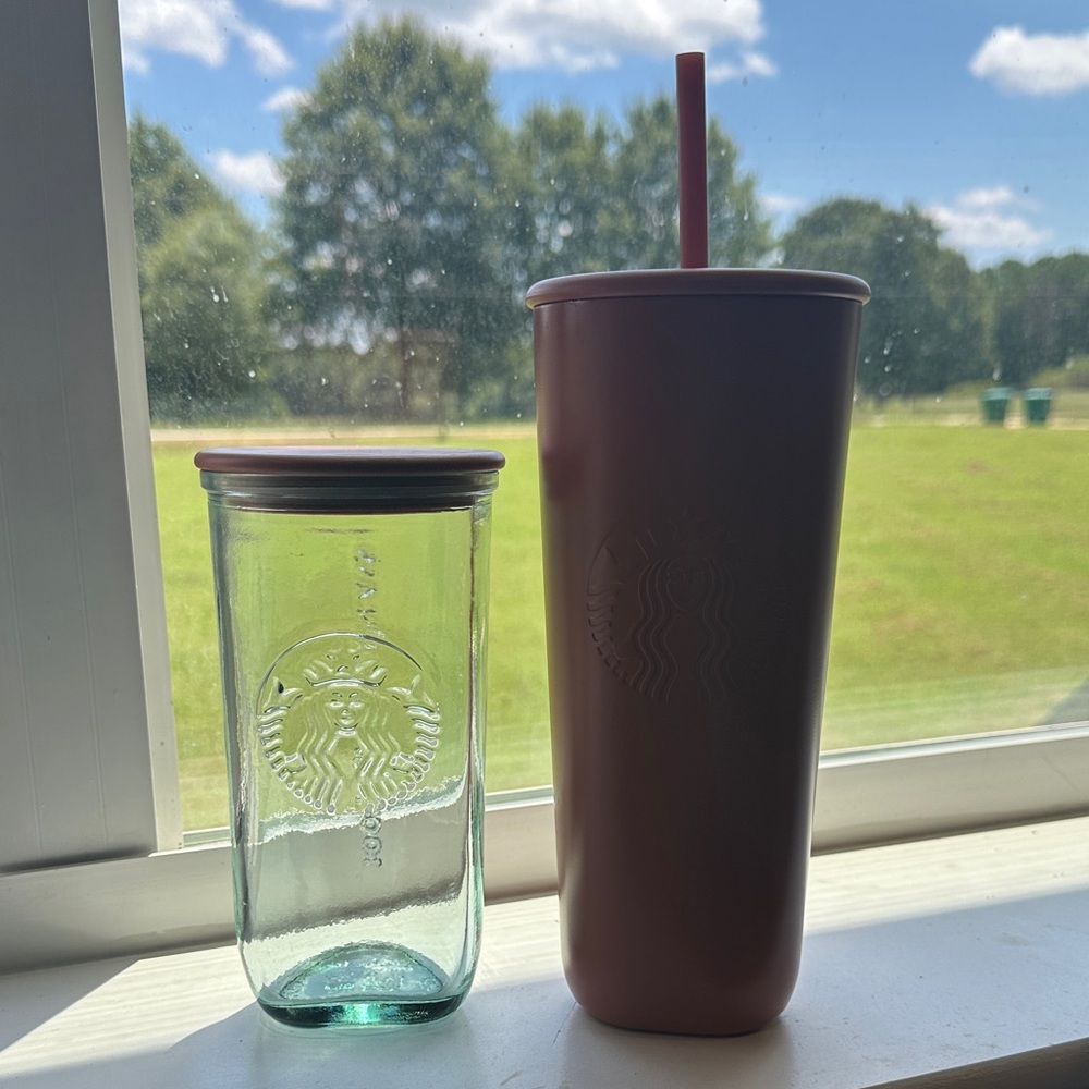 TWO Starbucks tumblers, glass and stainless steel